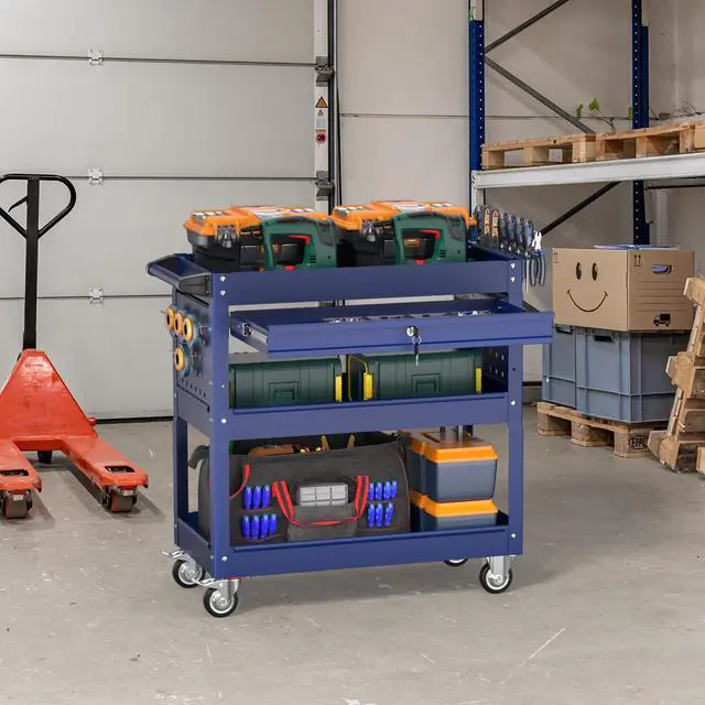 Alt view image 7 of 7 - 3 Tier Rolling Tool Cart on Wheels, Heavy Duty Service Cart Industrial Utility Cart with Drawer and Screwdriver Rack Pegboard, 550 LBS Mobile Tool Storage Organizer for Garage, Workshop (DARKBLUE)