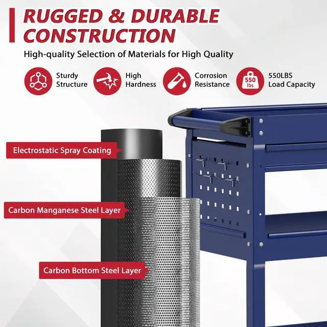 Alt view image 2 of 7 - 3 Tier Rolling Tool Cart on Wheels, Heavy Duty Service Cart Industrial Utility Cart with Drawer and Screwdriver Rack Pegboard, 550 LBS Mobile Tool Storage Organizer for Garage, Workshop (DARKBLUE)