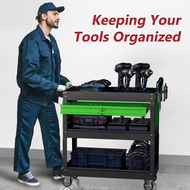 Alt view image 4 of 7 - 3 Tier Rolling Tool Cart on Wheels, Heavy Duty Industrial Utility Cart Service Cart with Drawer and Screwdriver Rack Pegboard, 550 LBS Mobile Tool Storage Organizer for Workshop, Garage(Green-Black)