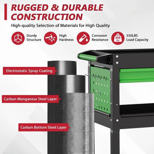 Alt view image 2 of 7 - 3 Tier Rolling Tool Cart on Wheels, Heavy Duty Industrial Utility Cart Service Cart with Drawer and Screwdriver Rack Pegboard, 550 LBS Mobile Tool Storage Organizer for Workshop, Garage(Green-Black)
