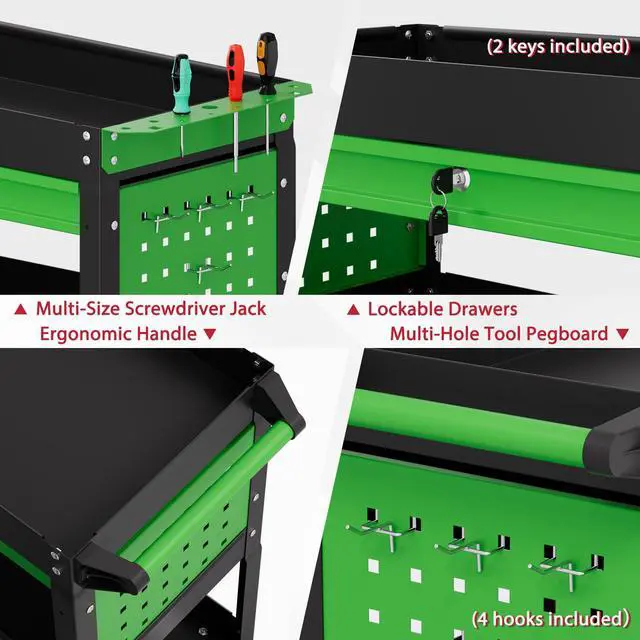 Alt view image 5 of 7 - 3 Tier Rolling Tool Cart on Wheels, Heavy Duty Industrial Utility Cart Service Cart with Drawer and Screwdriver Rack Pegboard, 550 LBS Mobile Tool Storage Organizer for Workshop, Garage(Green-Black)