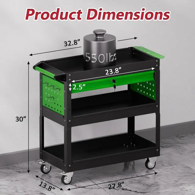 Alt view image 3 of 7 - 3 Tier Rolling Tool Cart on Wheels, Heavy Duty Industrial Utility Cart Service Cart with Drawer and Screwdriver Rack Pegboard, 550 LBS Mobile Tool Storage Organizer for Workshop, Garage(Green-Black)