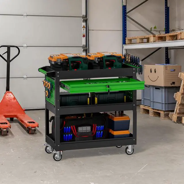 Alt view image 6 of 7 - 3 Tier Rolling Tool Cart on Wheels, Heavy Duty Industrial Utility Cart Service Cart with Drawer and Screwdriver Rack Pegboard, 550 LBS Mobile Tool Storage Organizer for Workshop, Garage(Green-Black)
