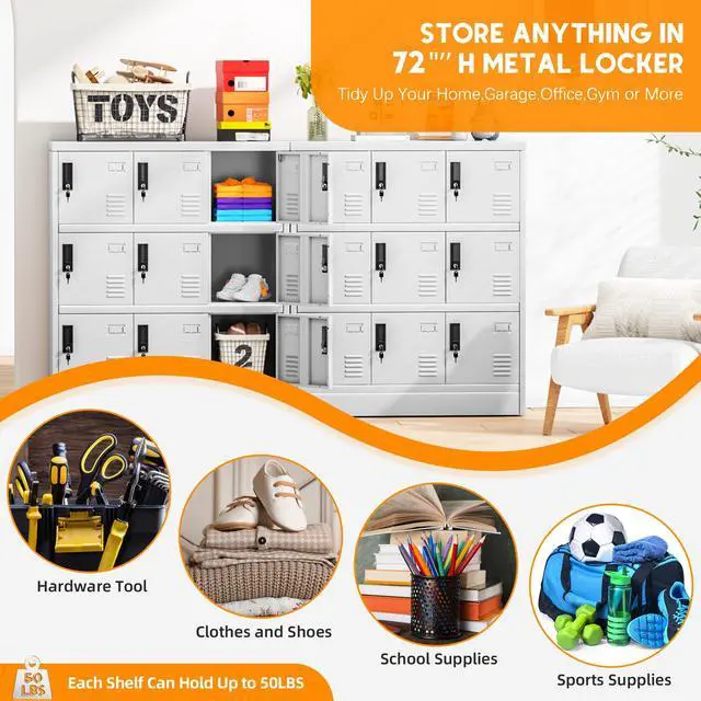 Alt view image 6 of 7 - 9 Door Storage Locker for Employee, Metal Locker for Office, Gym, Shool, Lockable Steel Locker with Lock and Card Slot for Home, Garage, Grey