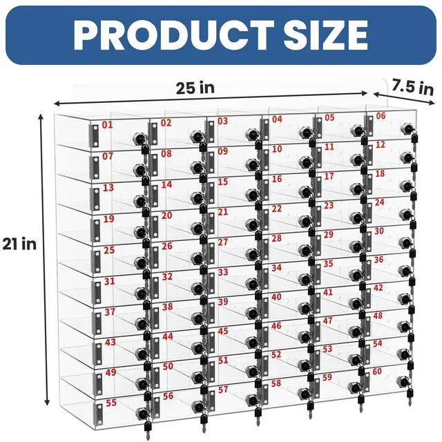 Alt view image 3 of 7 - Cell Phone Locker 100 Slots, Wall-Mounted Cell Phone Lock Box with Keys, Acrylic Cell Phone Storage Locker for Employees Office Classroom Gym, Clear Cell Phone Locker Cabinet for Storage (60 Slots)