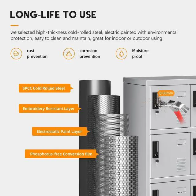Alt view image 7 of 7 - 9 Door Storage Locker for Employee, Metal Locker for Office, Gym, Shool, Lockable Steel Locker with Lock and Card Slot for Home, Garage, Grey