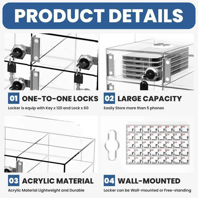 Alt view image 4 of 7 - Cell Phone Locker 100 Slots, Wall-Mounted Cell Phone Lock Box with Keys, Acrylic Cell Phone Storage Locker for Employees Office Classroom Gym, Clear Cell Phone Locker Cabinet for Storage (60 Slots)