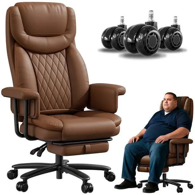 Main image of Executive Office Chair Big and Tall 500LBS, 165° Reclining Heavy Duty Office Chair with Footrest & Quiet Rubber Wheels, Height Adjustable, Soft Strong Padded Arms, Brown