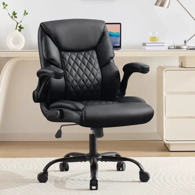 Main image of Leather Executive Office Chair - Comfy Black Desk Chair Small Space | Desk Chair with Mid Backrest,5 Wheels,Mid Backrest,Lumbar Support, Height Adjustable,home office reading Gaming Use