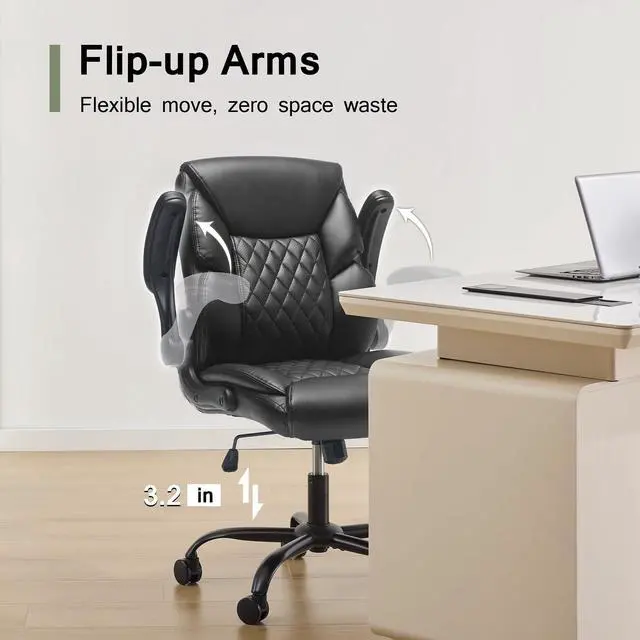 Alt view image 3 of 7 - Leather Executive Office Chair - Comfy Black Desk Chair Small Space | Desk Chair with Mid Backrest,5 Wheels,Mid Backrest,Lumbar Support, Height Adjustable,home office reading Gaming Use