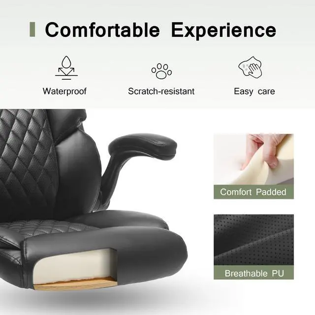 Alt view image 5 of 7 - Leather Executive Office Chair - Comfy Black Desk Chair Small Space | Desk Chair with Mid Backrest,5 Wheels,Mid Backrest,Lumbar Support, Height Adjustable,home office reading Gaming Use