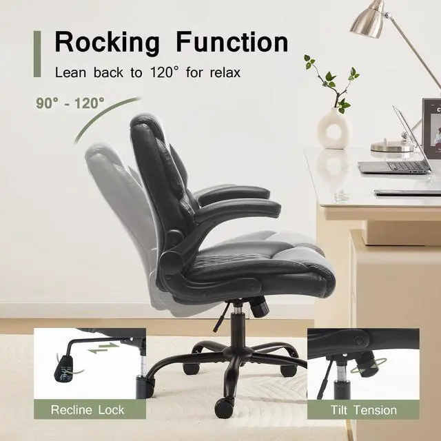 Alt view image 4 of 7 - Leather Executive Office Chair - Comfy Black Desk Chair Small Space | Desk Chair with Mid Backrest,5 Wheels,Mid Backrest,Lumbar Support, Height Adjustable,home office reading Gaming Use
