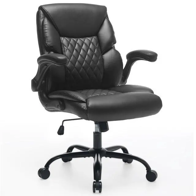 Alt view image 7 of 7 - Leather Executive Office Chair - Comfy Black Desk Chair Small Space | Desk Chair with Mid Backrest,5 Wheels,Mid Backrest,Lumbar Support, Height Adjustable,home office reading Gaming Use