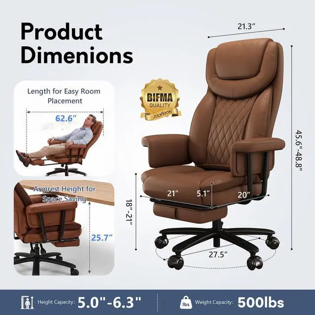 Alt view image 2 of 7 - Executive Office Chair Big and Tall 500LBS, 165° Reclining Heavy Duty Office Chair with Footrest & Quiet Rubber Wheels, Height Adjustable, Soft Strong Padded Arms, Brown