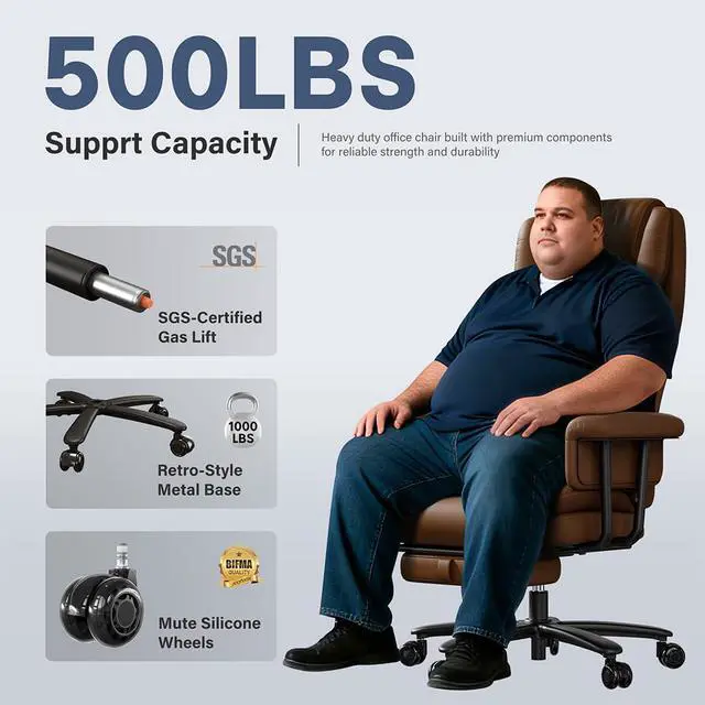 Alt view image 3 of 7 - Executive Office Chair Big and Tall 500LBS, 165° Reclining Heavy Duty Office Chair with Footrest & Quiet Rubber Wheels, Height Adjustable, Soft Strong Padded Arms, Brown