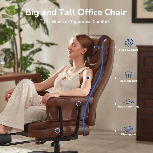 Alt view image 6 of 7 - Executive Office Chair Big and Tall 500LBS, 165° Reclining Heavy Duty Office Chair with Footrest & Quiet Rubber Wheels, Height Adjustable, Soft Strong Padded Arms, Brown