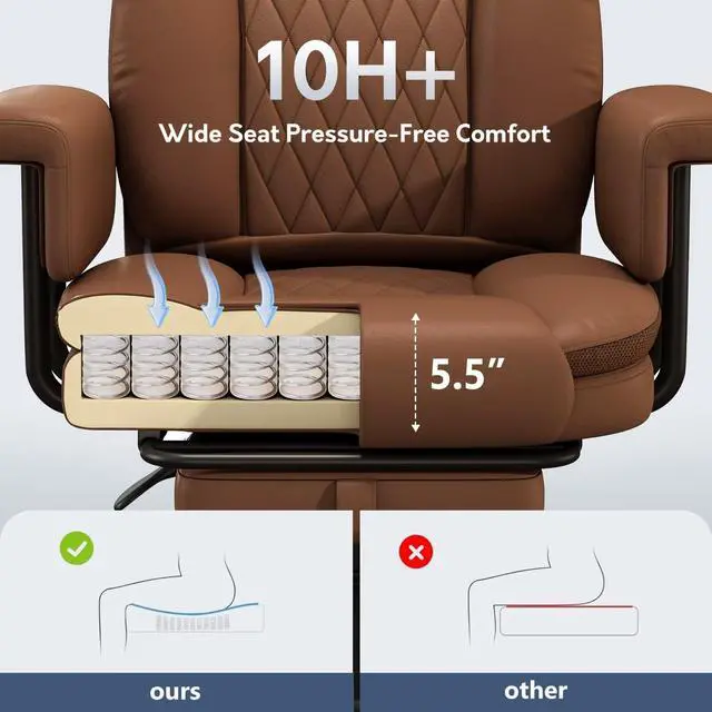 Alt view image 7 of 7 - Executive Office Chair Big and Tall 500LBS, 165° Reclining Heavy Duty Office Chair with Footrest & Quiet Rubber Wheels, Height Adjustable, Soft Strong Padded Arms, Brown