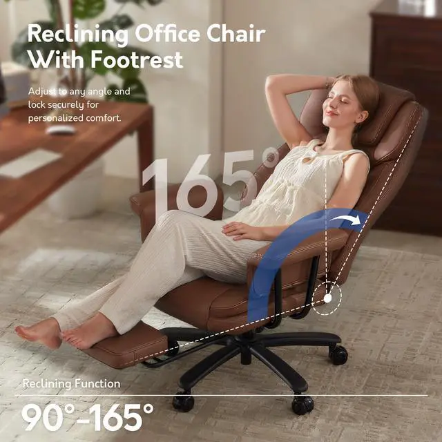 Alt view image 5 of 7 - Executive Office Chair Big and Tall 500LBS, 165° Reclining Heavy Duty Office Chair with Footrest & Quiet Rubber Wheels, Height Adjustable, Soft Strong Padded Arms, Brown