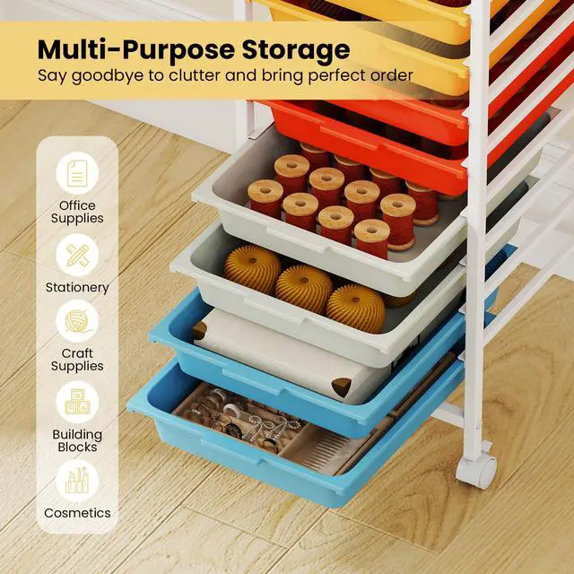 Alt view image 3 of 7 - Rolling Cart with Drawers, 10 Drawer Rolling Storage Cart with Wooden Tabletop, Metal Frame & Lockable Wheels, Craft Organizers and Storage for Home Office Classroom (Macaron, 10-Drawer Small)