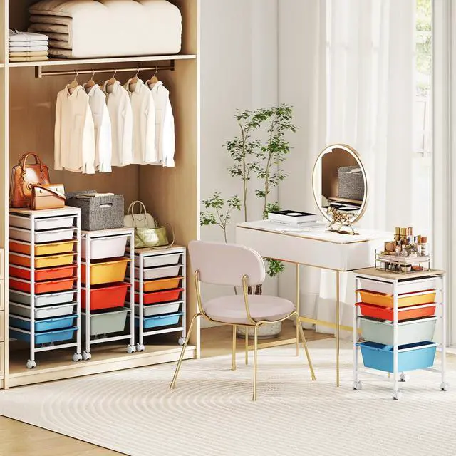 Alt view image 7 of 7 - Rolling Cart with Drawers, 10 Drawer Rolling Storage Cart with Wooden Tabletop, Metal Frame & Lockable Wheels, Craft Organizers and Storage for Home Office Classroom (Macaron, 10-Drawer Small)