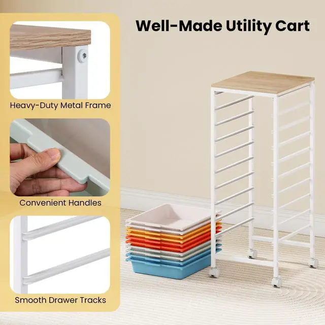 Alt view image 6 of 7 - Rolling Cart with Drawers, 10 Drawer Rolling Storage Cart with Wooden Tabletop, Metal Frame & Lockable Wheels, Craft Organizers and Storage for Home Office Classroom (Macaron, 10-Drawer Small)
