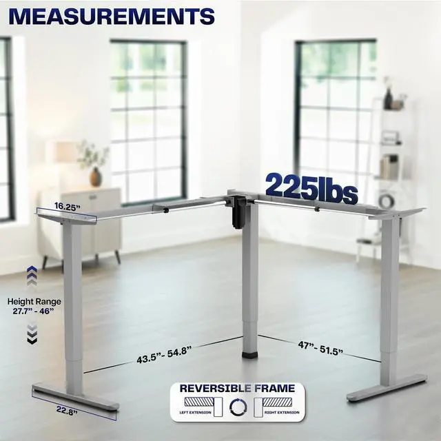 Alt view image 3 of 7 - Gray Electric Corner 3 Leg Standing Desk Frame, DESK-E355G | Medium Size, Single Motor, Height Adjustable, L-Shaped, Holds 225 lbs, Sit Stand Base, Standing Desk Legs Only