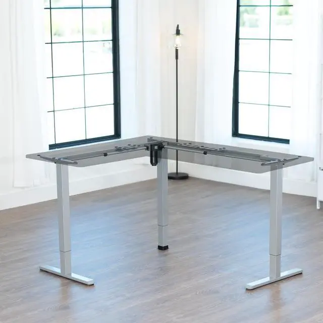 Alt view image 2 of 7 - Gray Electric Corner 3 Leg Standing Desk Frame, DESK-E355G | Medium Size, Single Motor, Height Adjustable, L-Shaped, Holds 225 lbs, Sit Stand Base, Standing Desk Legs Only