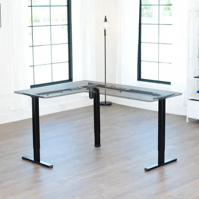Alt view image 2 of 7 - White Electric Corner 3 Leg Standing Desk Frame, DESK-E355W | Medium Size, Single Motor, Height Adjustable, L-Shaped, Holds 225 lbs, Sit Stand Base, Standing Desk Legs Only