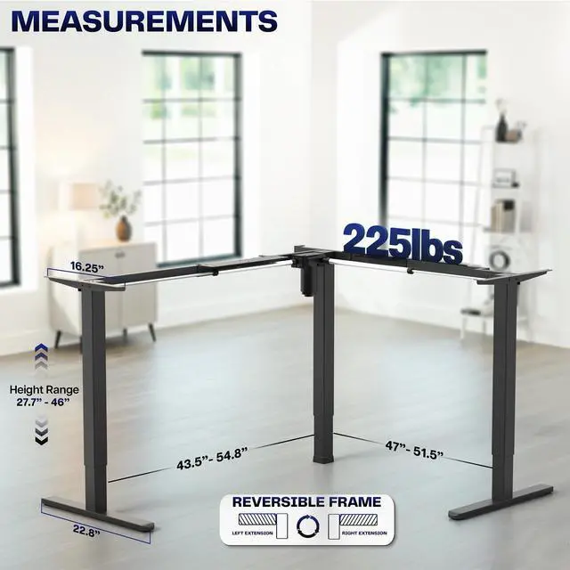 Alt view image 3 of 7 - White Electric Corner 3 Leg Standing Desk Frame, DESK-E355W | Medium Size, Single Motor, Height Adjustable, L-Shaped, Holds 225 lbs, Sit Stand Base, Standing Desk Legs Only