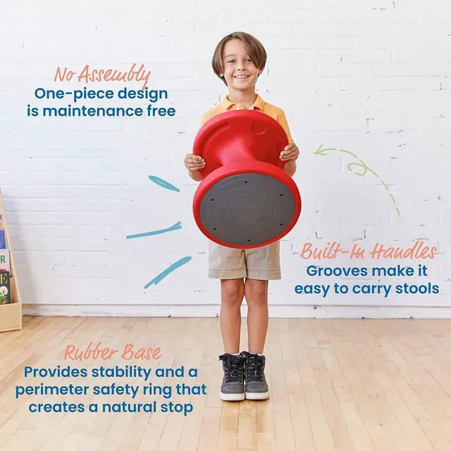 Alt view image 5 of 7 - Twist Active Wobble Stool, 14in Seat Height, Classroom Furniture, Red | UV-protected recyclable plastic, GREENGUARD Gold Certified, 6-8 years, 150 lb capacity, fully assembled, indoor/outdoor use