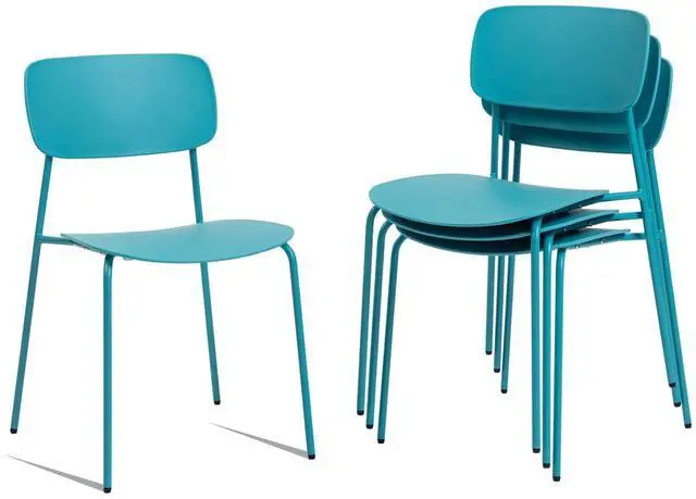 Main image of Armless Stacking Chairs, Blue, Set of 4 | Ergonomic Plastic Seat, Waterproof, with 2MM Thicken Metal Legs, for Conference Reception Dining Room, Easy to Stack