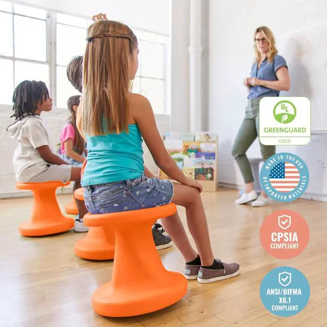Alt view image 6 of 7 - Twist Active Wobble Stool, 14in Seat Height, Classroom Furniture, Orange | UV-protected recyclable plastic, GREENGUARD Gold Certified, 6-8 years, 150 lb capacity, fully assembled, indoor/outdoor use