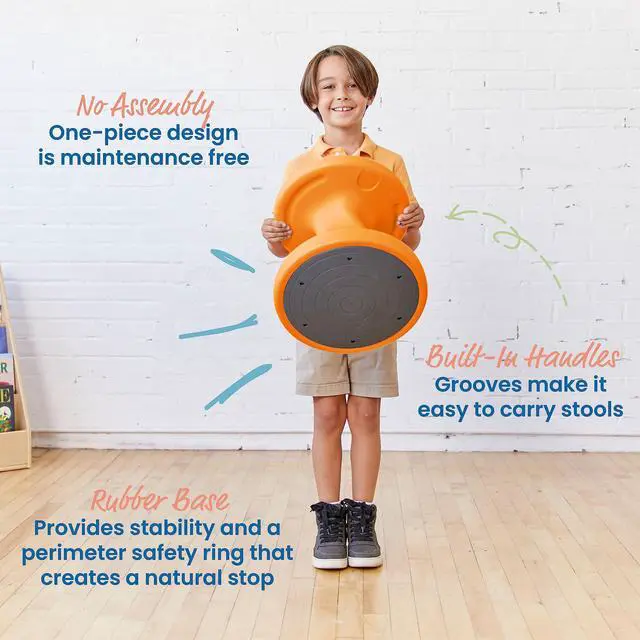 Alt view image 5 of 7 - Twist Active Wobble Stool, 14in Seat Height, Classroom Furniture, Orange | UV-protected recyclable plastic, GREENGUARD Gold Certified, 6-8 years, 150 lb capacity, fully assembled, indoor/outdoor use