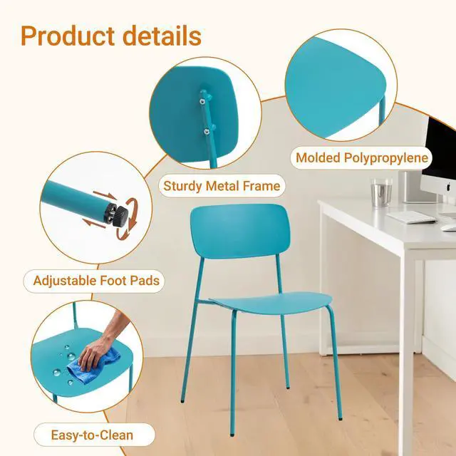 Alt view image 4 of 7 - Armless Stacking Chairs, Blue, Set of 4 | Ergonomic Plastic Seat, Waterproof, with 2MM Thicken Metal Legs, for Conference Reception Dining Room, Easy to Stack