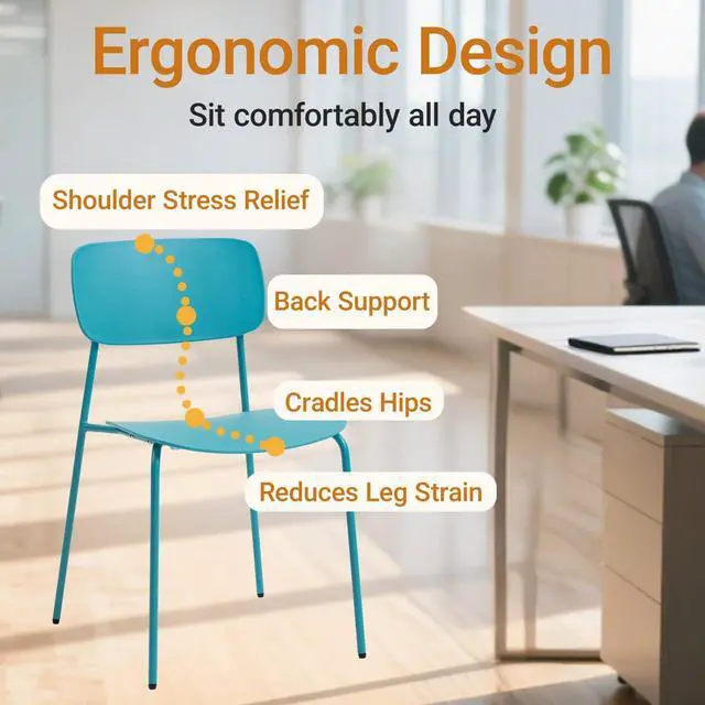 Alt view image 6 of 7 - Armless Stacking Chairs, Blue, Set of 4 | Ergonomic Plastic Seat, Waterproof, with 2MM Thicken Metal Legs, for Conference Reception Dining Room, Easy to Stack