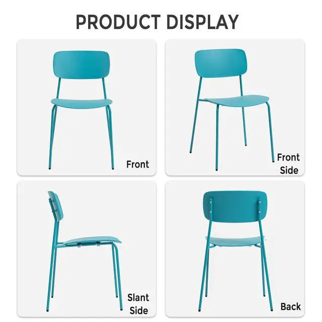 Alt view image 7 of 7 - Armless Stacking Chairs, Blue, Set of 4 | Ergonomic Plastic Seat, Waterproof, with 2MM Thicken Metal Legs, for Conference Reception Dining Room, Easy to Stack