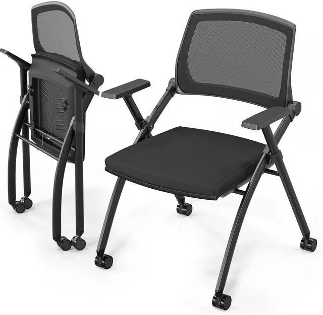 Main image of 2 Pack Stackable Conference Room Chairs with Wheels, Folding Office Chair with Rebound Back, Padded Seat for Training Room, Guest, Reception, Event, Capacity 350lbs, Black