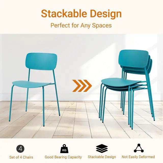 Alt view image 5 of 7 - Armless Stacking Chairs, Blue, Set of 4 | Ergonomic Plastic Seat, Waterproof, with 2MM Thicken Metal Legs, for Conference Reception Dining Room, Easy to Stack