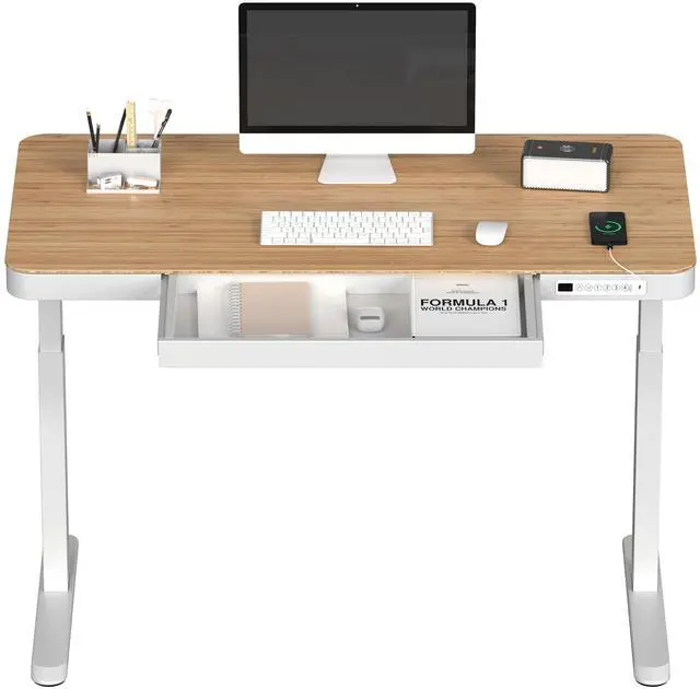 Main image of 48" Electric Standing Desk with Drawers, USB Charging Ports, Quick Assembly, Height Adjustable Sit Stand Desk with Child Lock for Natural Home Office, Bamboo Finish Top/White Legs