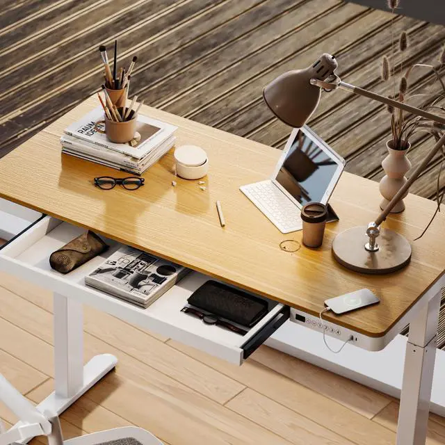 Alt view image 2 of 7 - 48" Electric Standing Desk with Drawers, USB Charging Ports, Quick Assembly, Height Adjustable Sit Stand Desk with Child Lock for Natural Home Office, Bamboo Finish Top/White Legs