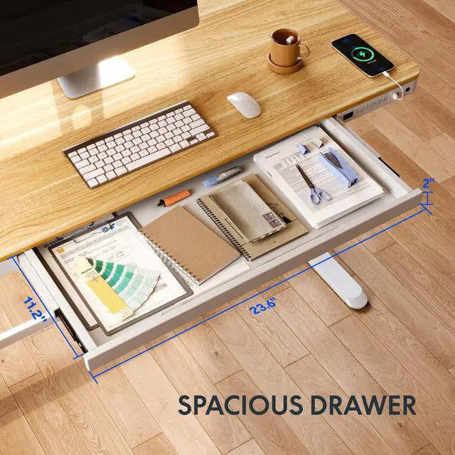 Alt view image 3 of 7 - 48" Electric Standing Desk with Drawers, USB Charging Ports, Quick Assembly, Height Adjustable Sit Stand Desk with Child Lock for Natural Home Office, Bamboo Finish Top/White Legs