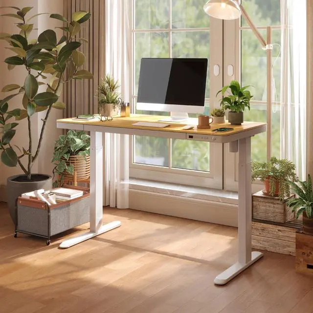 Alt view image 4 of 7 - 48" Electric Standing Desk with Drawers, USB Charging Ports, Quick Assembly, Height Adjustable Sit Stand Desk with Child Lock for Natural Home Office, Bamboo Finish Top/White Legs
