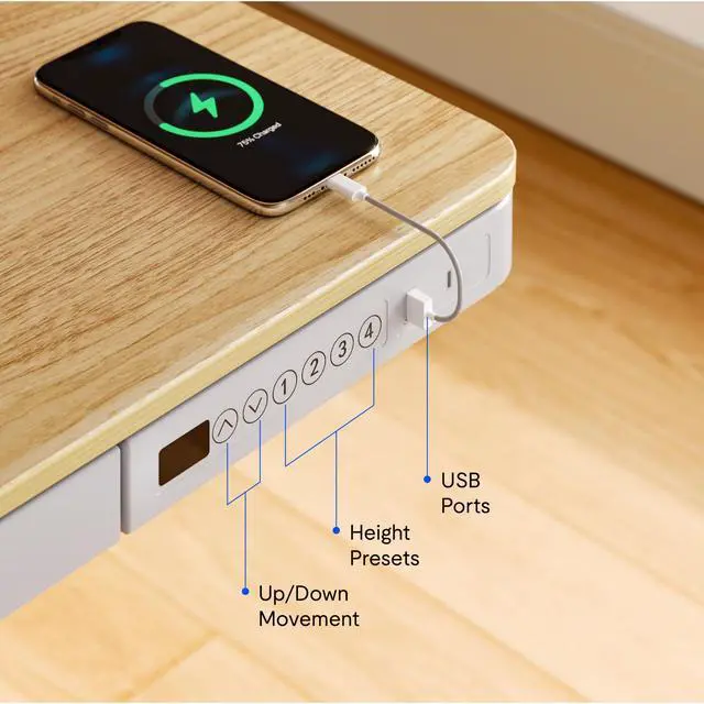 Alt view image 5 of 7 - 48" Electric Standing Desk with Drawers, USB Charging Ports, Quick Assembly, Height Adjustable Sit Stand Desk with Child Lock for Natural Home Office, Bamboo Finish Top/White Legs