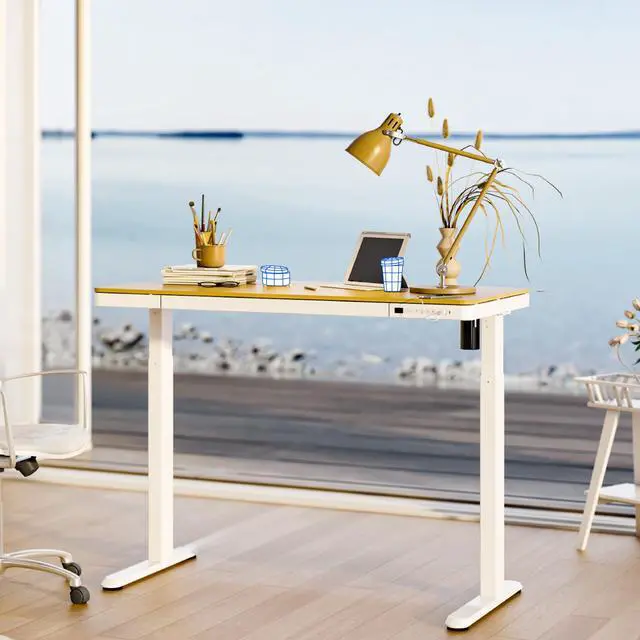 Alt view image 6 of 7 - 48" Electric Standing Desk with Drawers, USB Charging Ports, Quick Assembly, Height Adjustable Sit Stand Desk with Child Lock for Natural Home Office, Bamboo Finish Top/White Legs