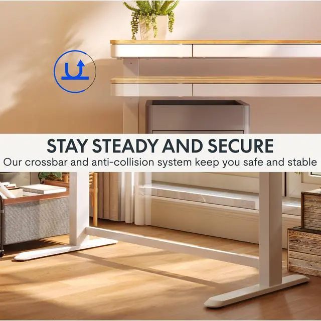 Alt view image 7 of 7 - 48" Electric Standing Desk with Drawers, USB Charging Ports, Quick Assembly, Height Adjustable Sit Stand Desk with Child Lock for Natural Home Office, Bamboo Finish Top/White Legs
