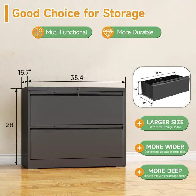 Alt view image 3 of 6 - 2 Drawer Lateral File Cabinet with Lock,Metal File Cabinets for Home Office,Locking Filing Cabinet for Letters/Legal/A4 Size, Assembly Required,Black 2 Drawer-36 W