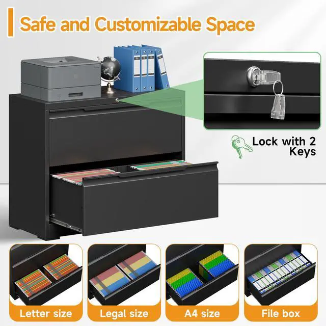 Alt view image 5 of 6 - 2 Drawer Lateral File Cabinet with Lock,Metal File Cabinets for Home Office,Locking Filing Cabinet for Letters/Legal/A4 Size, Assembly Required,Black 2 Drawer-36 W