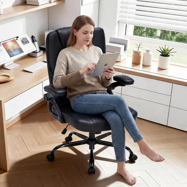 Alt view image 2 of 7 - 400lbs Executive Office Chair wiht 3 Way Adjustable Armrest | High Back Computer Chair,Comfy Pu Leather Desk Chair with Flip-Up Armrests,Heavy Duty Ergonomic Chair