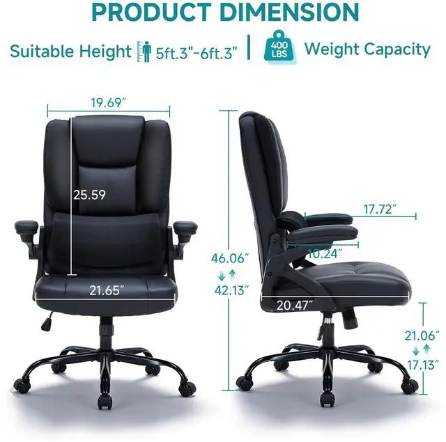 Alt view image 3 of 7 - 400lbs Executive Office Chair wiht 3 Way Adjustable Armrest | High Back Computer Chair,Comfy Pu Leather Desk Chair with Flip-Up Armrests,Heavy Duty Ergonomic Chair