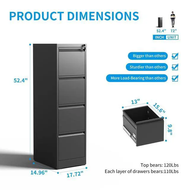Alt view image 3 of 7 - 4 Drawer File Cabinet with Lock, Metal Filing Cabinets for Home Office | Vertical File Cabinet Heavy Duty Steel Office Storage Cabinet for Letter Legal A4 Size Files, Easy Assembly